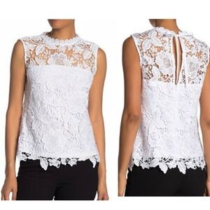 Nanette Lepore white lace overlay sleeveless blouse with ribbon tie back